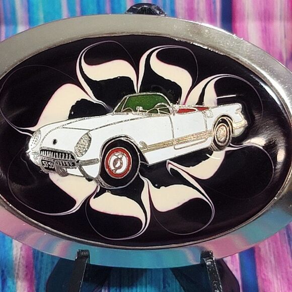 Classic Corvette on Red Epoxy Belt Buckle - Picture 2 of 5